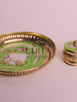 Pichwai 6inches Brass Plate with Haldi Kumkum box