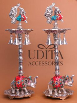 German Silver 20 inches Elephant & Peacock Diya