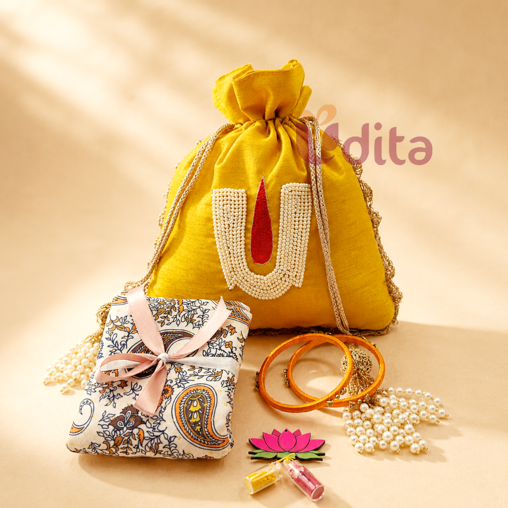 Yellow pearl Tirunamam designer potli return gift combo with Kalamkari blouse piece, silk thread bangles, and lotus haldi kumkum set for Varalakshmi Vratham