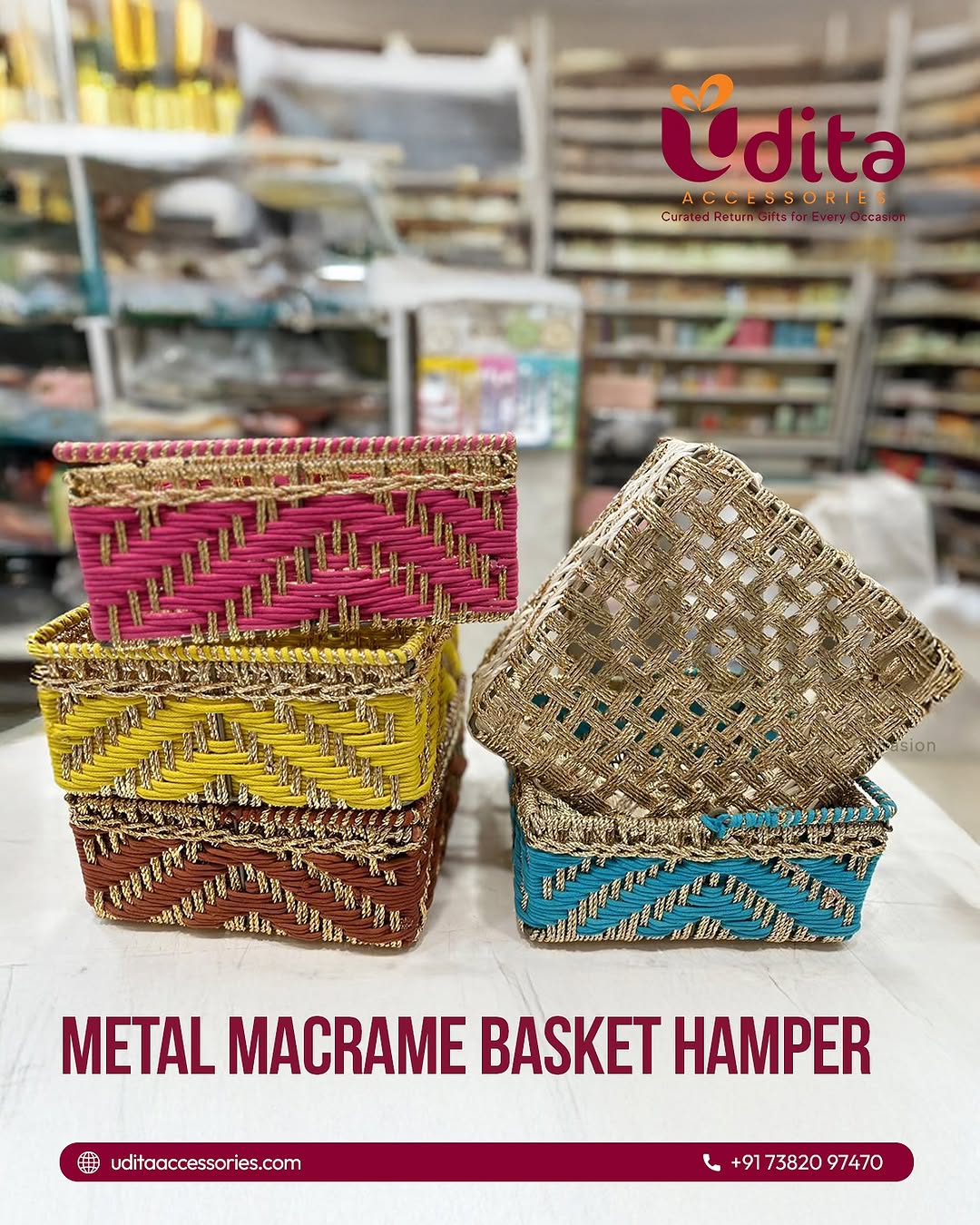 Assorted colorful metal macrame basket hampers for return gifts and customized gifting occasions.