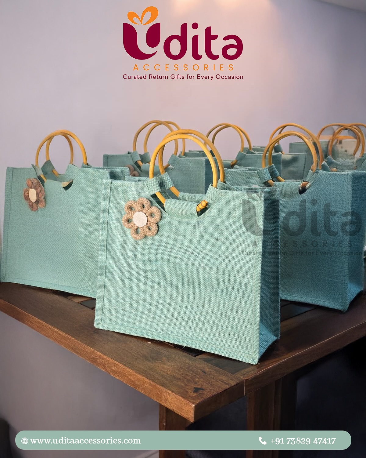 Trendy Pastel Jute Bag with Bamboo Handles for Wedding and Return Gifts