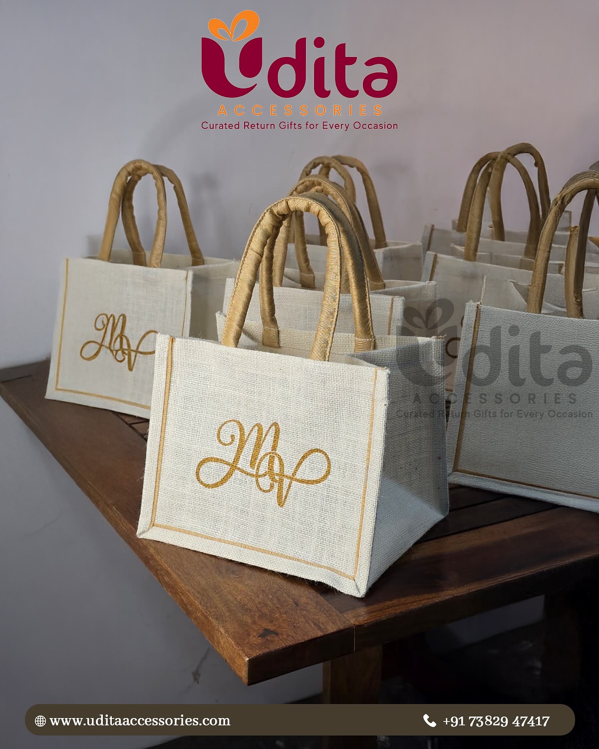 Custom glitter jute bag with personalized monogram for wedding return gifts