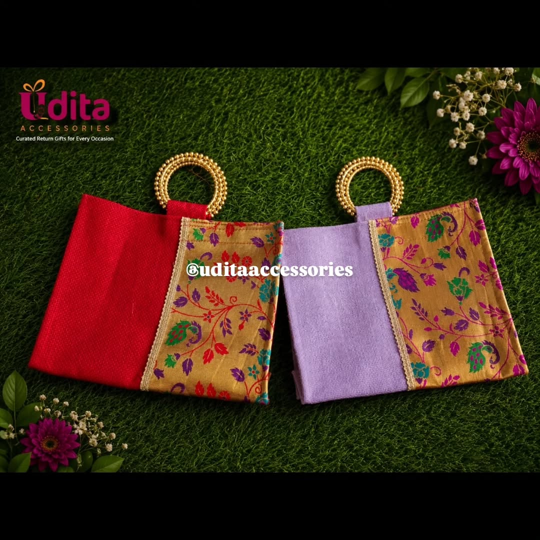 Premium designer jute bags with Banarasi brocade panels, elegant golden ring handles