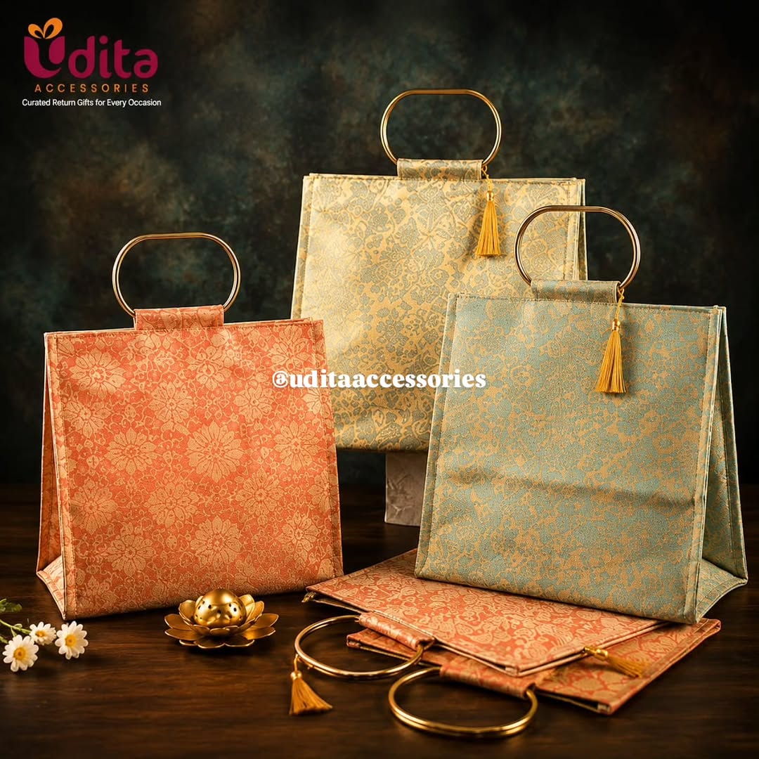 Premium designer jute bags with elegant brocade floral pattern, metal handles, and tassel detailing for traditional return gifting.