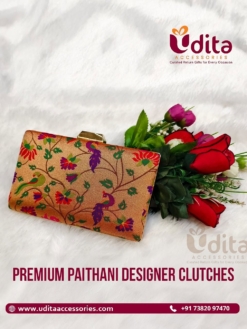Premium Paithani designer clutch with colorful traditional floral patterns in assorted designs for wedding and festive return gifts.