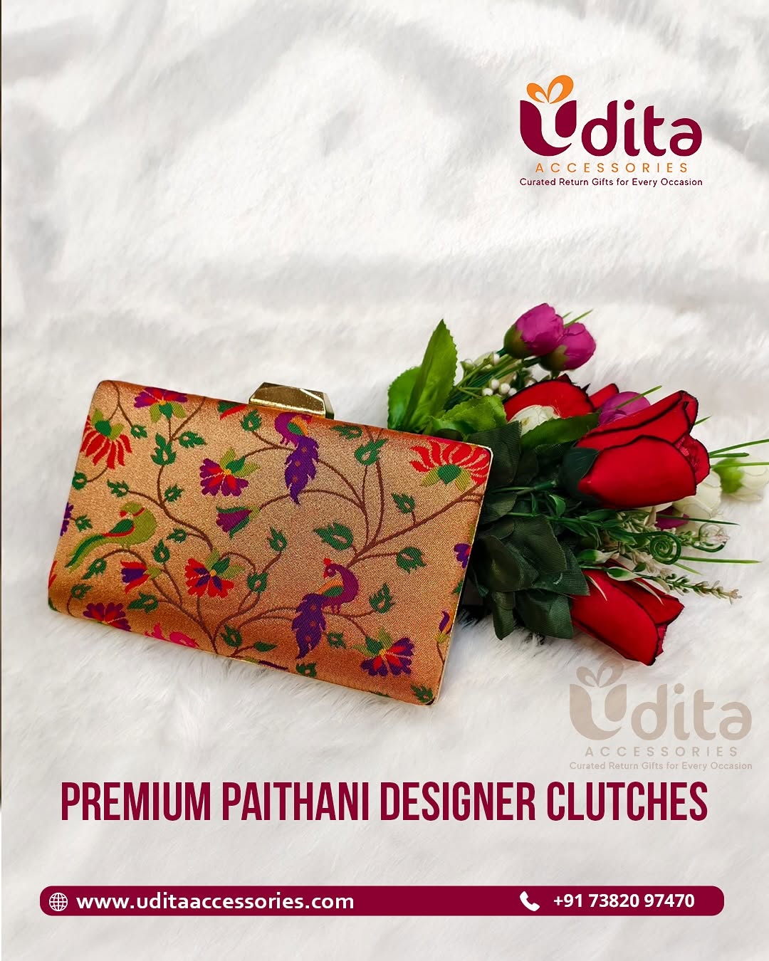 Premium Paithani designer clutch with colorful traditional floral patterns in assorted designs for wedding and festive return gifts.