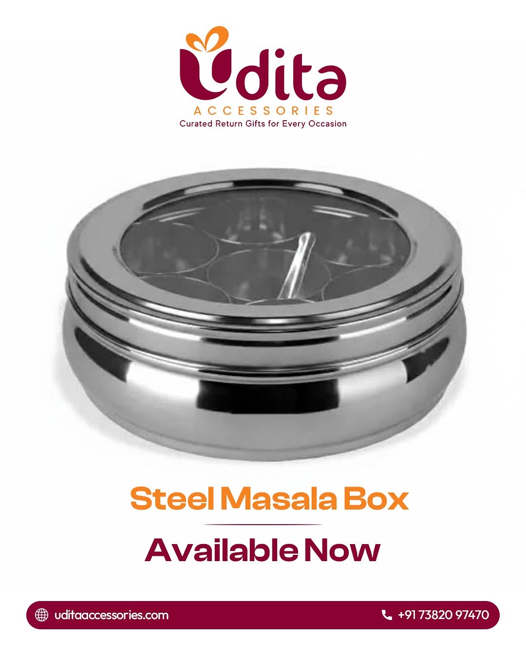 Premium stainless steel masala box with multiple spice compartments for kitchen storage and traditional return gifting