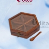 Premium hexagonal wooden masala box with transparent lid, multiple storage compartments