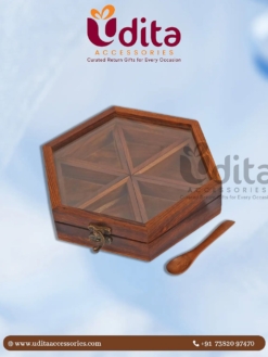 Premium hexagonal wooden masala box with transparent lid, multiple storage compartments