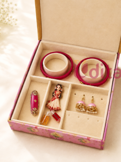 girl style haldi kumkum for Half Saree ceremony return gifts.