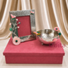 Buy premium German Silver Photo Frame and Decorative Bowl Combo with velvet gift box. Custom greeting card available. Perfect for wedding, housewarming, baby shower, and return gifts.