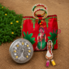 Half Saree Ceremony return gift combo featuring a printed designer handle bag, meenakari meenakari box