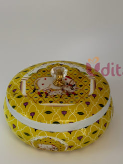 Pichwai printed decorative matki with crystal knob lid in assorted colors for wedding and festive return gifts.