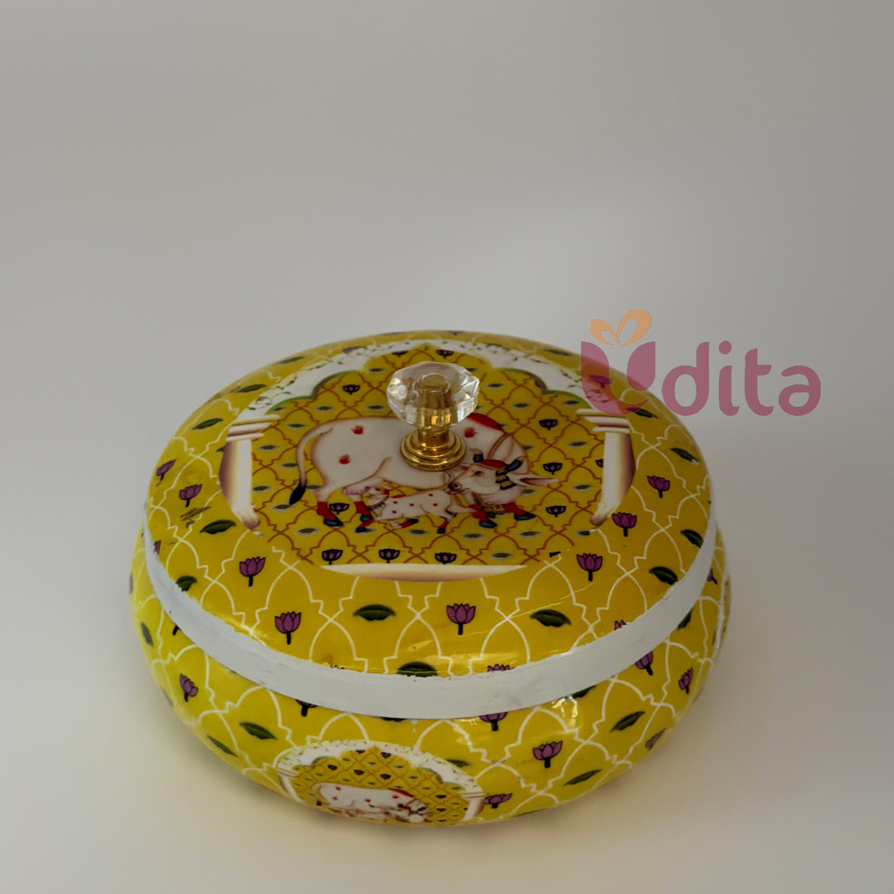 matki-3 Pichwai printed decorative matki with crystal knob lid in assorted colors for wedding and festive return gifts.
