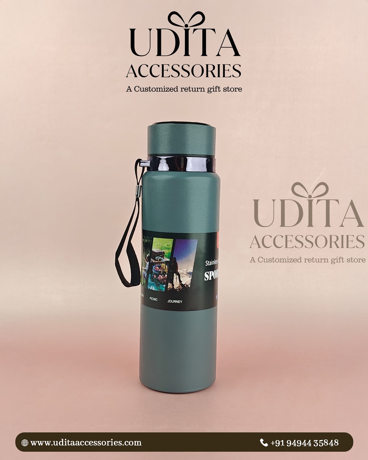 Premium insulated stainless steel sports water bottle with carry strap for gym, travel, office and customized corporate gifting