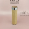 Bamboo finish vacuum insulated stainless steel water bottle for eco-friendly corporate gifts and promotional branding.