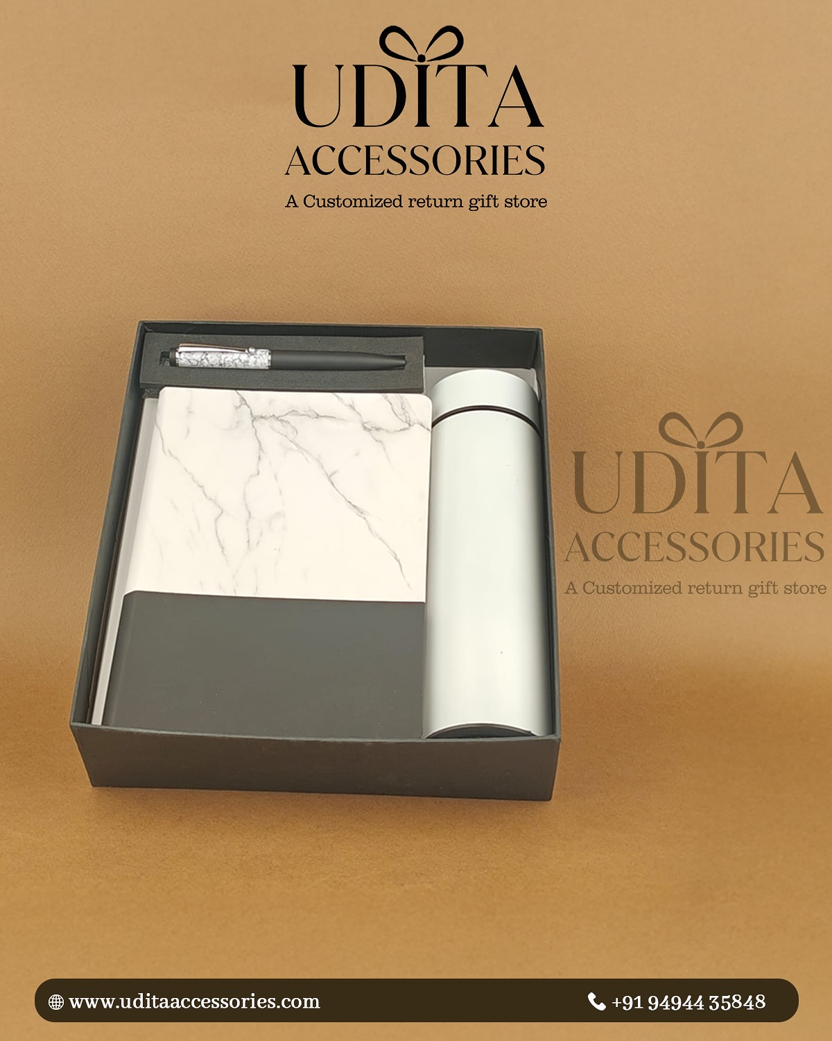 Premium corporate gift set with marble notebook, insulated vacuum flask, executive pen and luxury gift box customized with company logo