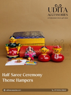 Korai box Half Saree ceremony return gift hamper with Kondapalli dolls, cotton blouse piece, Haldi Kumkum, and customized thank you card.