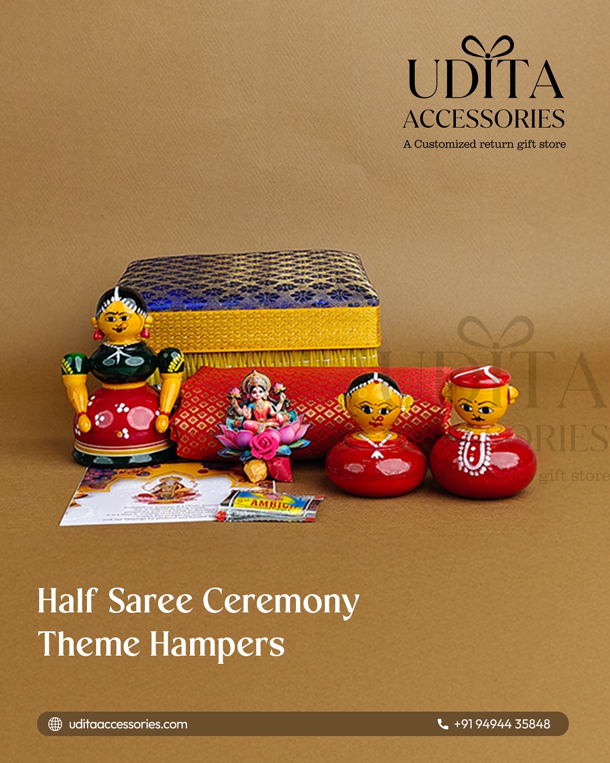 Korai box Half Saree ceremony return gift hamper with Kondapalli dolls, cotton blouse piece, Haldi Kumkum, and customized thank you card.