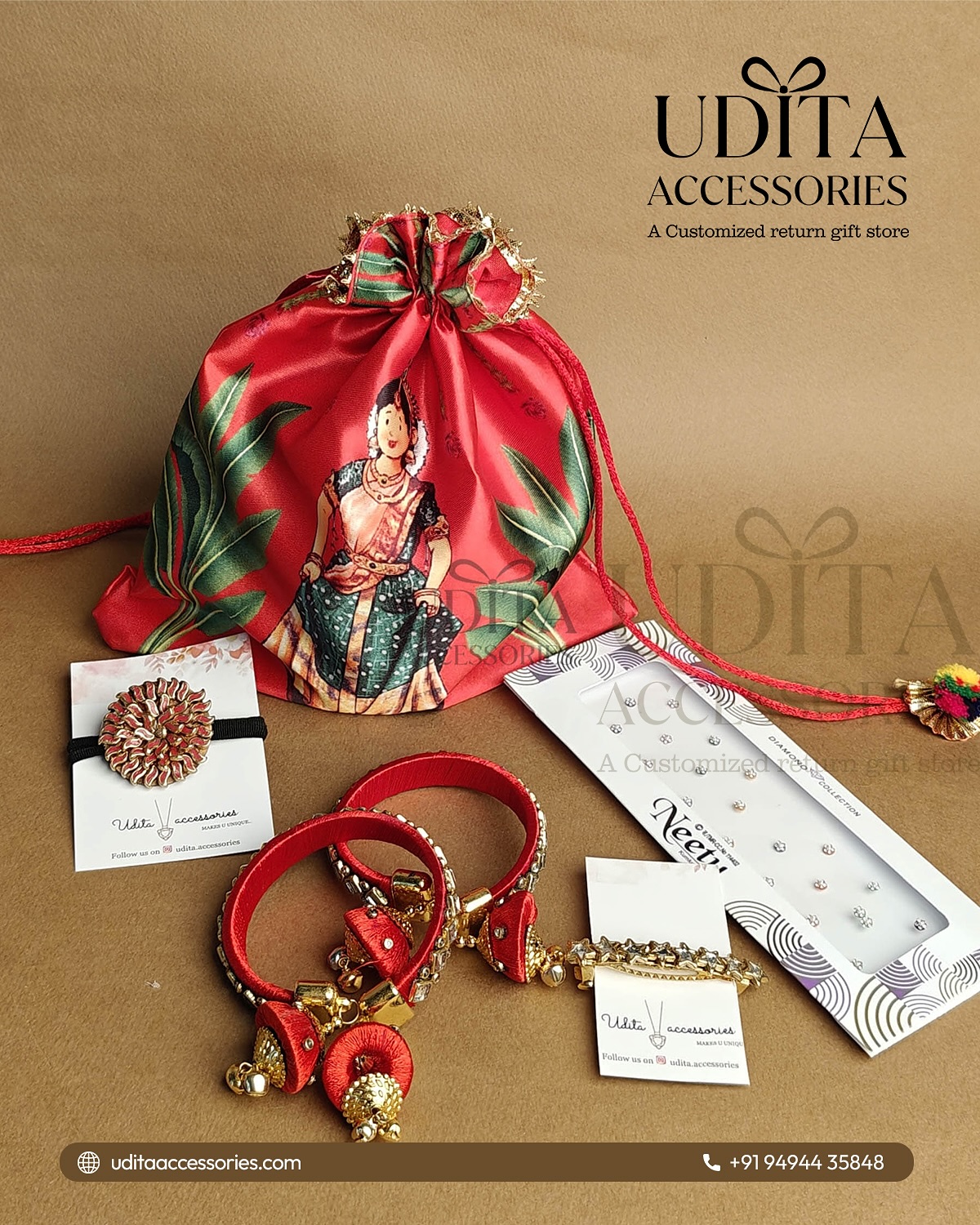 Half Saree ceremony return gift hamper with designer potli bag, silk thread bangles, bracelet, floral hair accessory, and bindi packet.