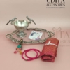 German Silver tray hamper with bird bowl, brocade blouse piece, silk thread bangles, Haldi Kumkum, and thank you card for Half Saree ceremony return gifts.