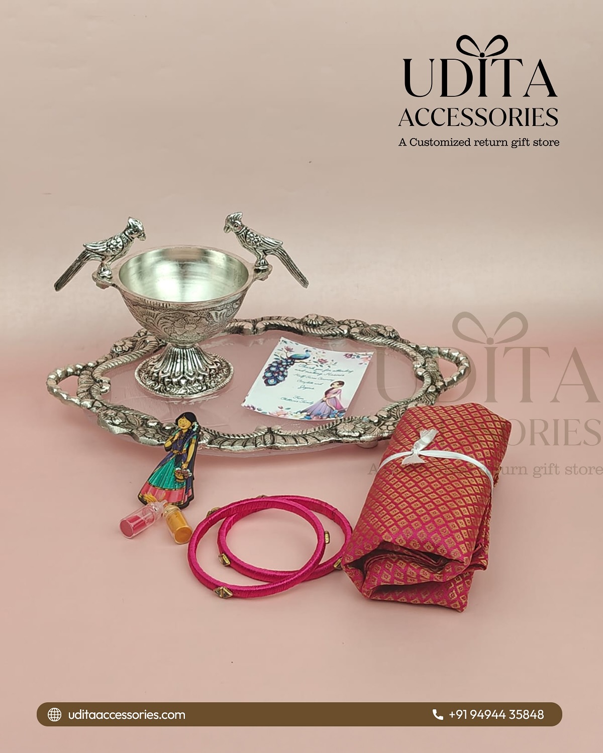 German Silver tray hamper with bird bowl, brocade blouse piece, silk thread bangles, Haldi Kumkum, and thank you card for Half Saree ceremony return gifts.