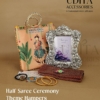 Premium Half Saree Ceremony return gift hamper featuring a 9-inch German Silver photo frame, customized printed bag, brocade blouse piece, silk thread bangles, hair band, bindi packet, sweet supari, and lotus haldi kumkum.