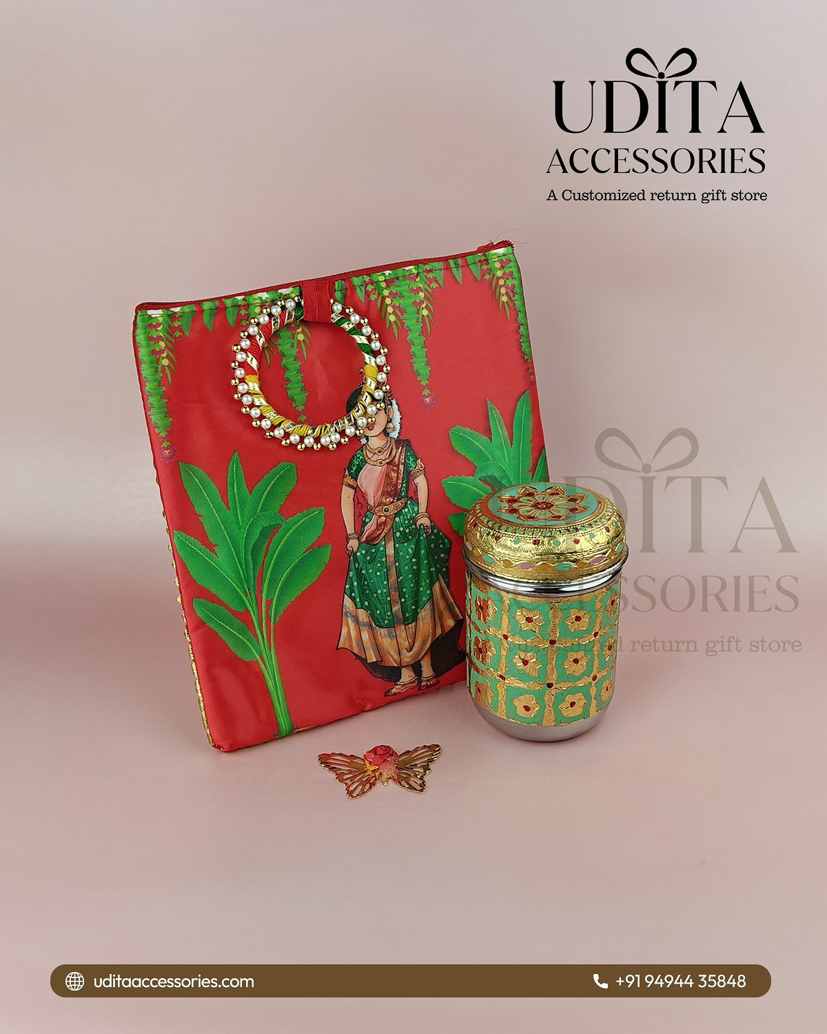 Half Saree Ceremony return gift hamper featuring a customized printed bag, Meenakari decorative storage box, and butterfly haldi kumkum for traditional gifting.