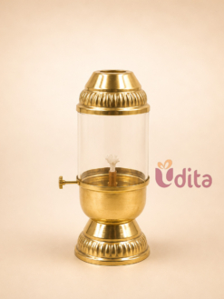 Traditional Brass Akhanda Diya with protective glass chimney for Akhand Jyoti, temple worship, Diwali, and home pooja.