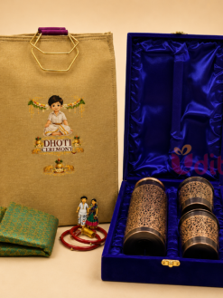 Designer Dhoti Ceremony return gift combo featuring a customized jute bag