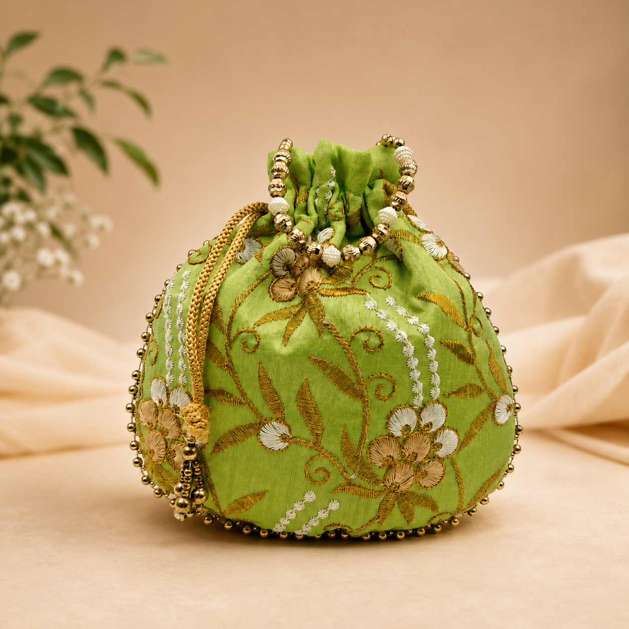 Premium green floral embroidered silk potli bag with pearl-beaded handle, decorative drawstring tassels, and gold bead detailing, ideal for weddings, bridal gifting, festive occasions, and return gifts.