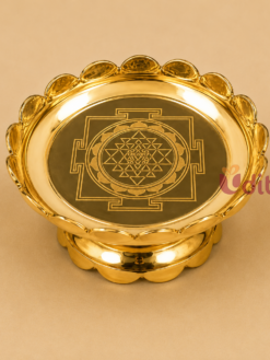 Handcrafted Sri Chakra Brass Lotus Stand with engraved Sri Yantra on a lotus-shaped brass base, suitable for pooja rooms, meditation, Vastu, Lakshmi worship, housewarming gifts, and wedding return gifts.