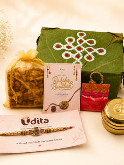 Traditional Rakhi Hamper for Brother with Designer Rakhi, Brass Kumkum Box, Dry Fruits and Decorative Gift Box