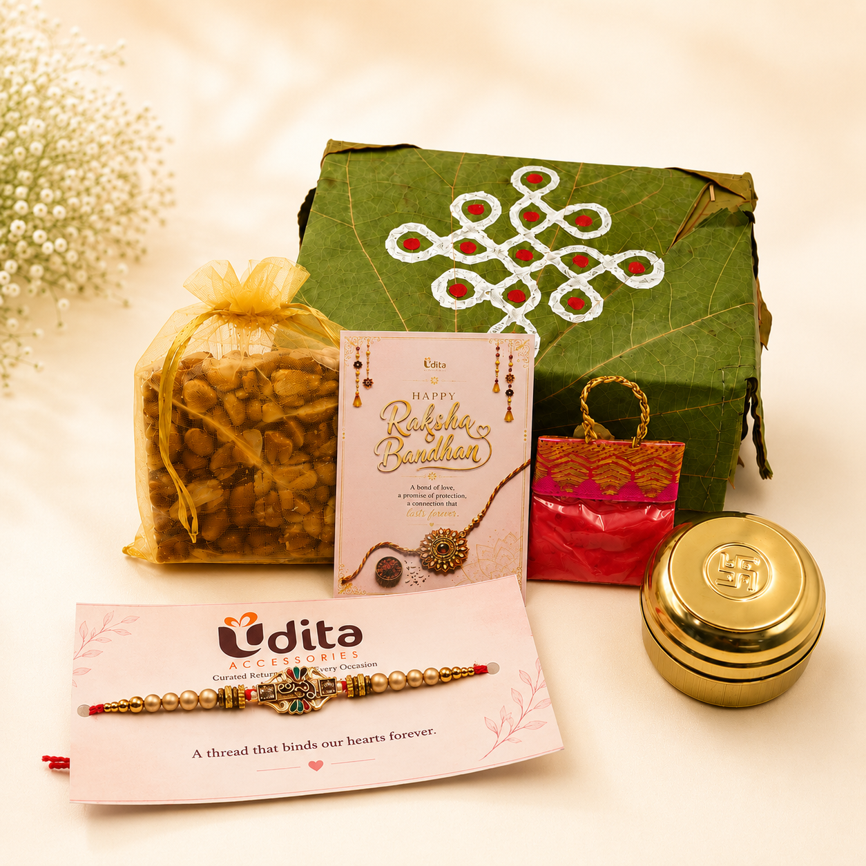 Traditional Rakhi Hamper for Brother with Designer Rakhi, Brass Kumkum Box, Dry Fruits and Decorative Gift Box
