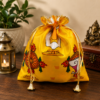 Premium Shanku Chakra Namam silk potli bag with devotional Lord Venkateswara print and tassel drawstrings, ideal for return gifts, temple functions, weddings, Varalakshmi Vratham, and festive gifting.