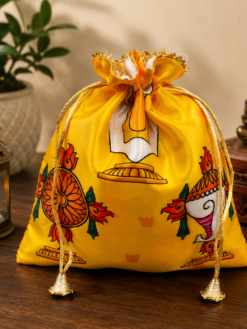 Premium Shanku Chakra Namam silk potli bag with devotional Lord Venkateswara print and tassel drawstrings, ideal for return gifts, temple functions, weddings, Varalakshmi Vratham, and festive gifting.