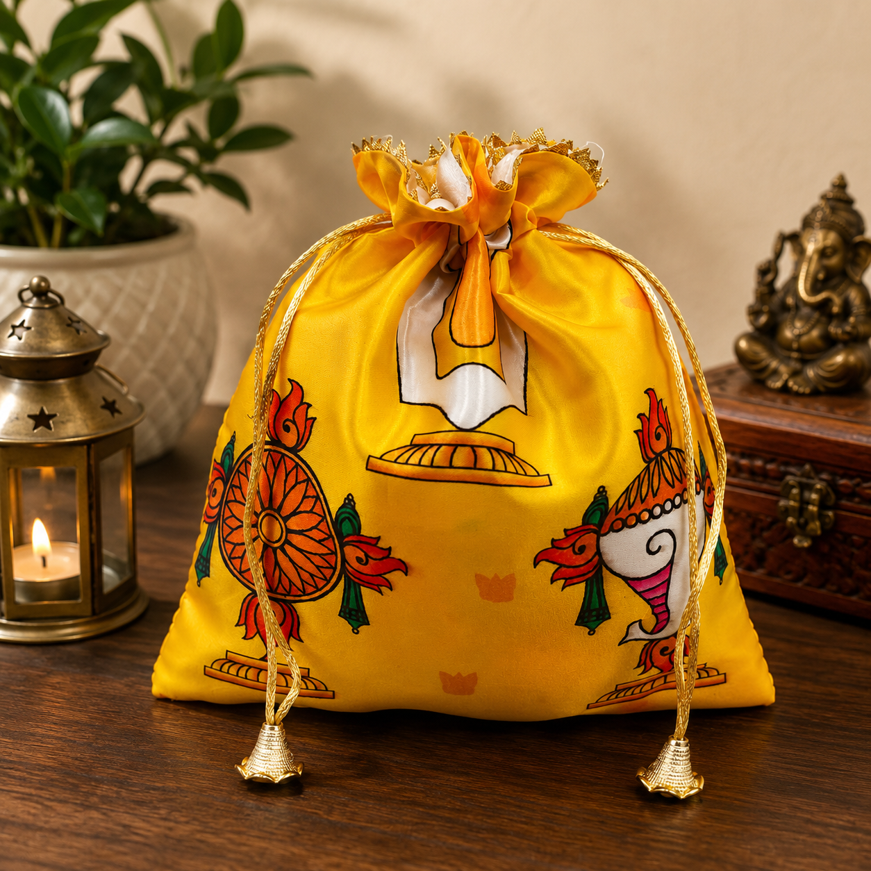 Premium Shanku Chakra Namam silk potli bag with devotional Lord Venkateswara print and tassel drawstrings, ideal for return gifts, temple functions, weddings, Varalakshmi Vratham, and festive gifting.