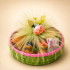 Eco-friendly wedding hamper with palm leaf basket, embroidery matki, dry fruits, Raja and Rani Haldi Kumkum, and thank you card.