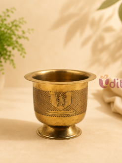 Premium brass Namam tumbler with Sri Vaishnava engraving for pooja, holy water, temple rituals, and traditional return gifts.