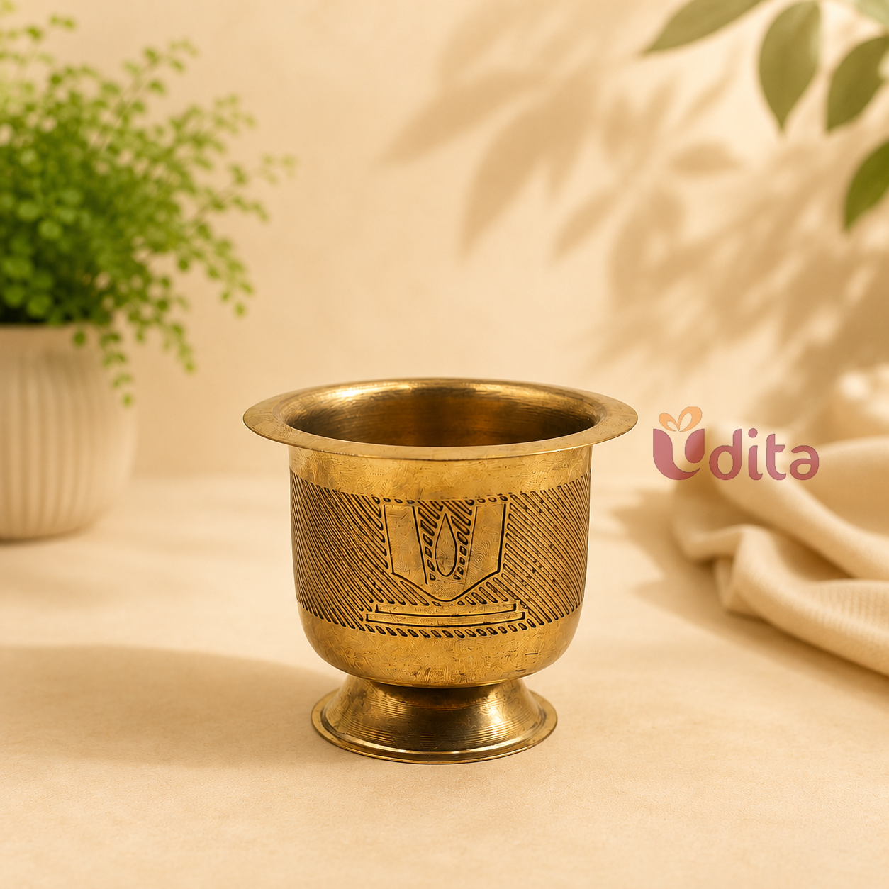 Premium brass Namam tumbler with Sri Vaishnava engraving for pooja, holy water, temple rituals, and traditional return gifts.