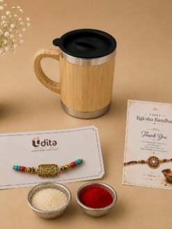 Wooden Steel Mug Rakhi Hamper for Brother