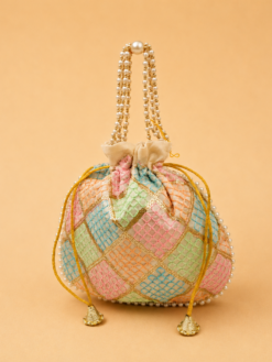 Designer pearl handle potli bag with embroidered geometric pattern and tassel drawstrings, premium return gift pouch for weddings, festive gifting, bridal occasions, and women, available in assorted colours.