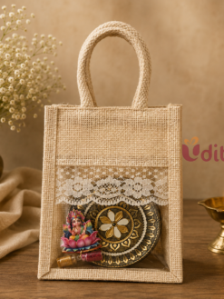 Oxidised Box with Window Jute Bag Hamper for Wedding Return Gifts, Varalakshmi Vratham Return Gifts and Traditional Festive Gifting