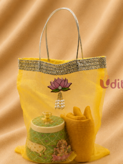Yellow Organza Bag with Pichwai Jar Return Gift Combo for Varalakshmi Vratham, Wedding Return Gifts, Traditional Thambulam Gifts and Ladies Gift Hampers
