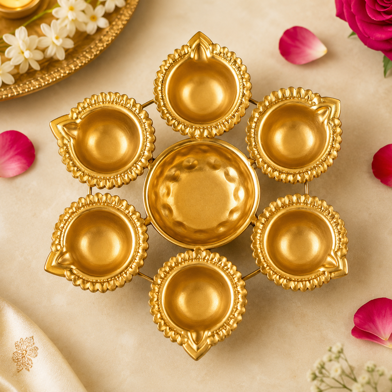 Traditional metal urli bowl with six decorative diyas in a gold finish for pooja, Diwali decor, housewarming gifts, and festive celebrations.