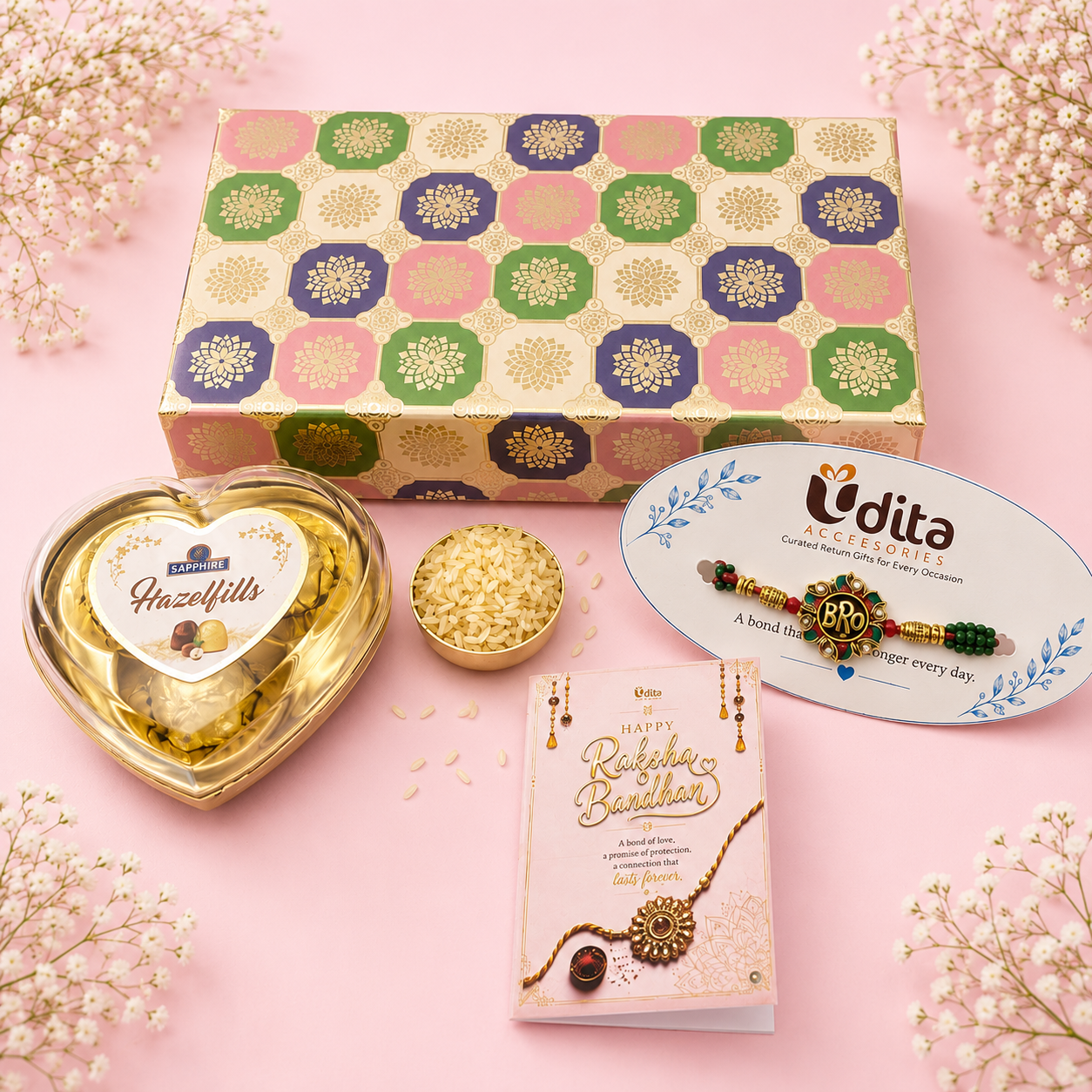 Bro Rakhi Gift Hamper with Designer BRO Rakhi, Heart-Shaped Hazelnut Chocolates and Premium Gift Box