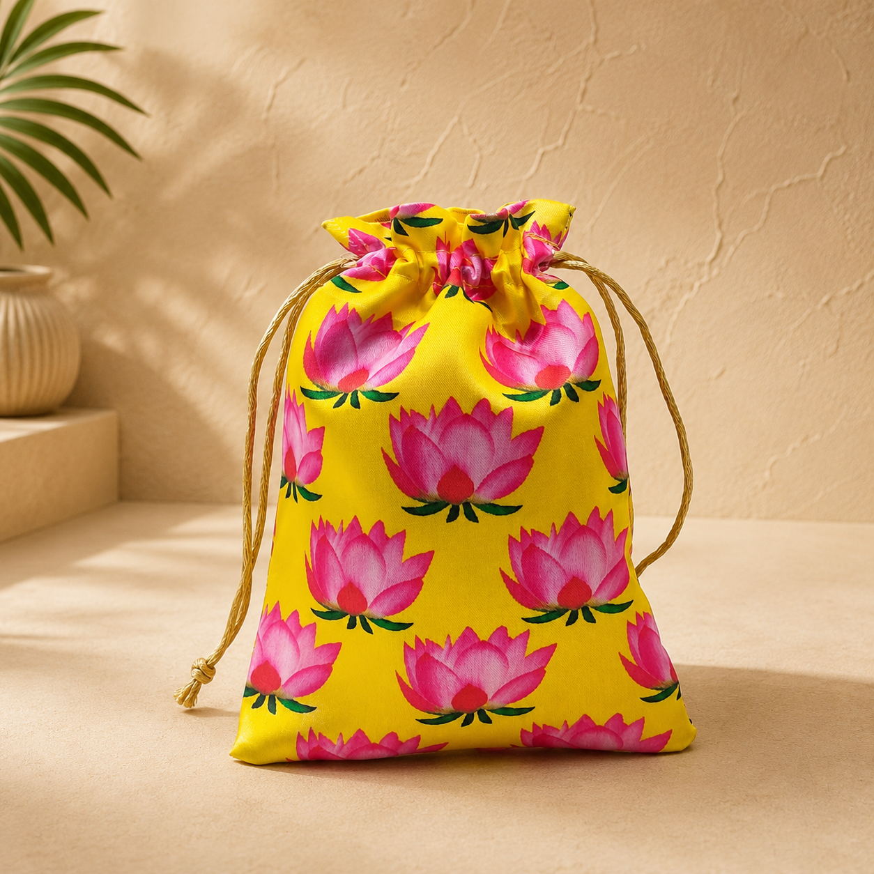 Premium lotus print potli bag with floral design and drawstring closure, reusable return gift pouch for weddings, Varalakshmi Vratham, temple functions, festive gifting, and women, available in assorted colours.