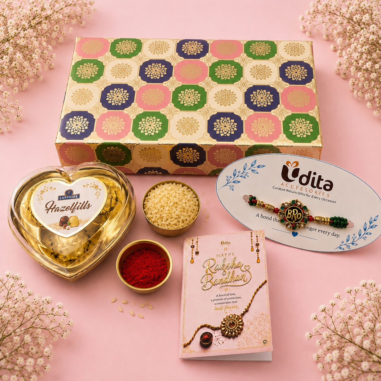 Designer BRO Rakhi, Heart-Shaped Hazelnut Chocolates and Premium Gift Box