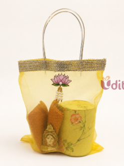 Yellow Organza Bag with Floral Bangle Box Hamper for Varalakshmi Vratham Return Gifts, Wedding Return Gifts, Traditional Thambulam Gifts and Ladies Festive Gift Hamper