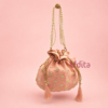 Designer embroidered potli bag with pearl handle and tassel drawstrings, premium return gift bag for weddings, festive gifting, women, and bridal occasions, available in assorted colours.